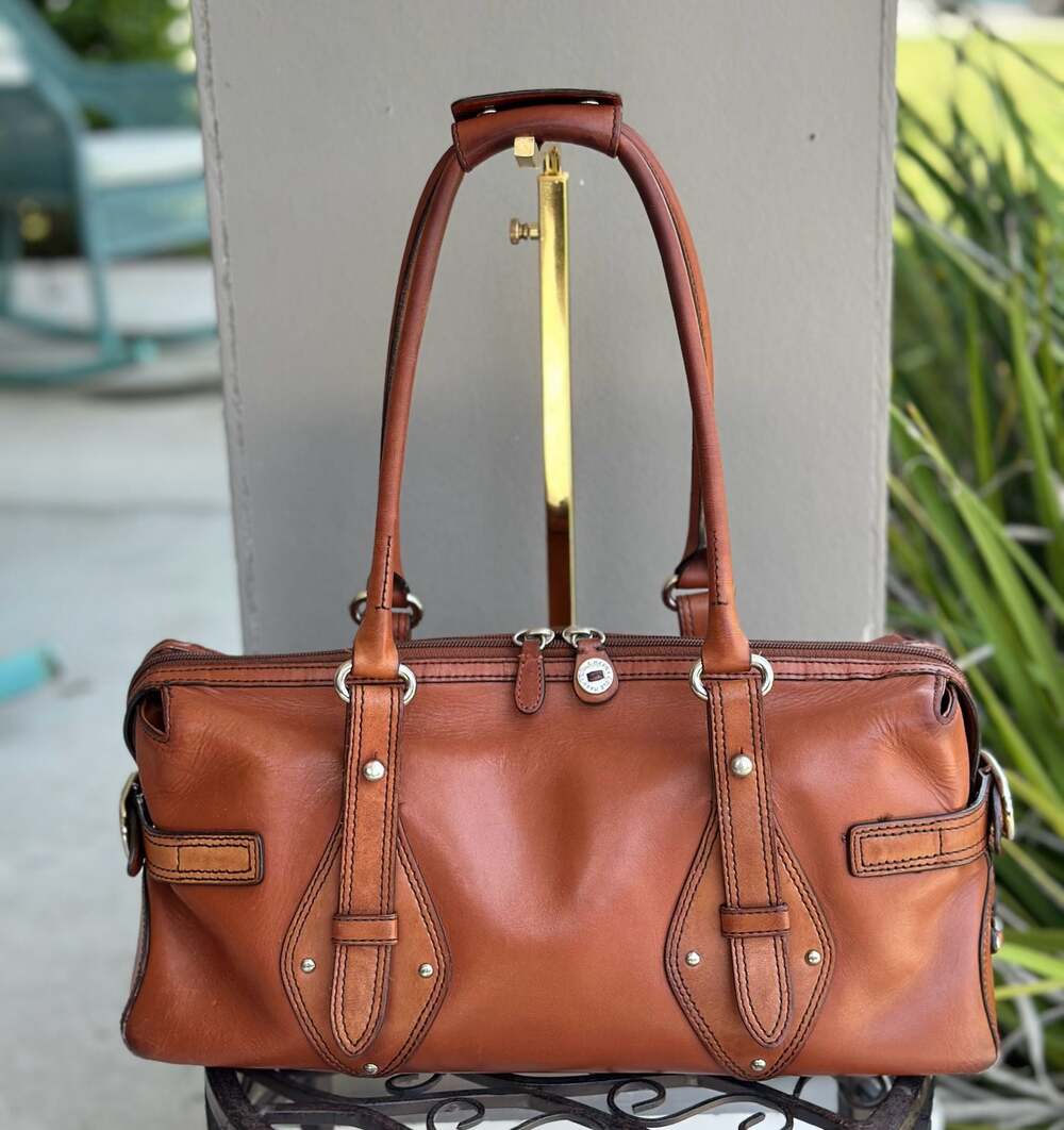 Cole Haan Brown Leather Satchel Handbag with Buckle Detail (Trinity F04